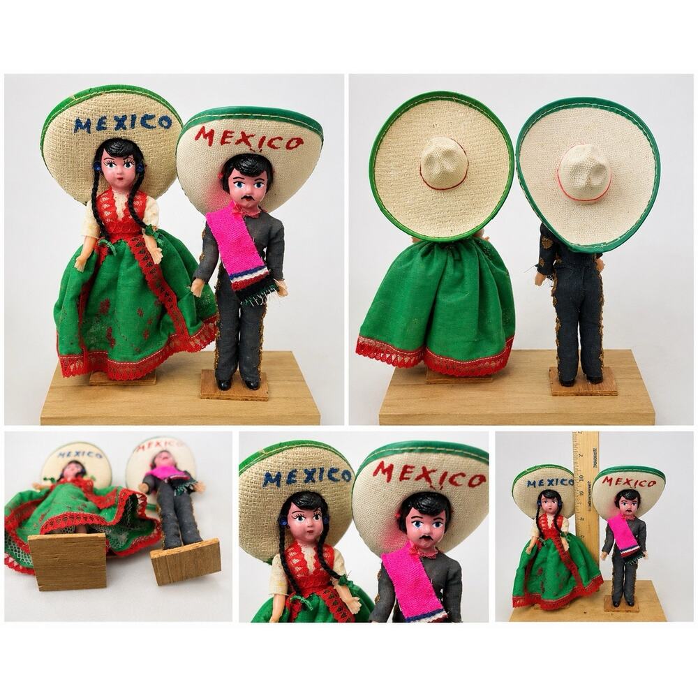 Vintage Mexico Souvenir Dolls Pair Sombrero Folk Art Miniature Figures